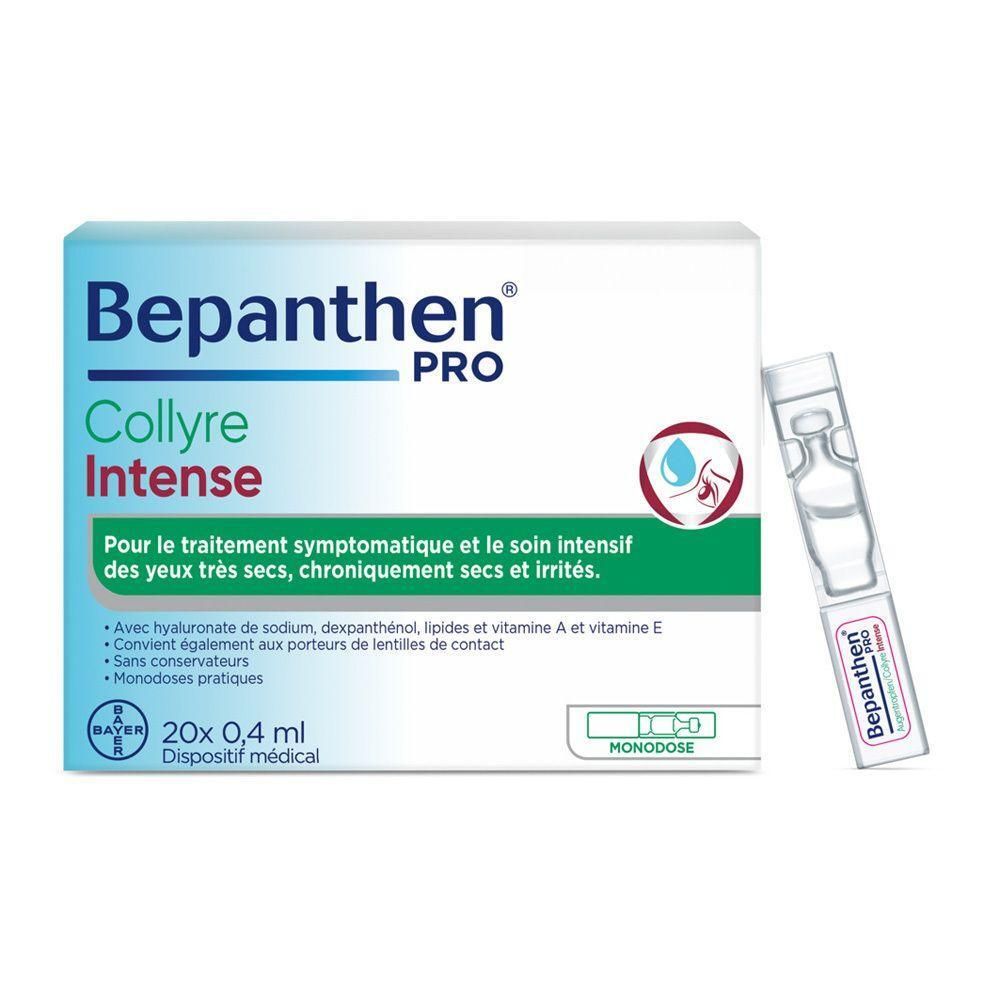 Verpackung Bepanthen® Pro Augentropfen Intense Monodosen. Enthält 20 Einzeldosen à 0,4 ml. Produktname und Logo deutlich sichtbar.