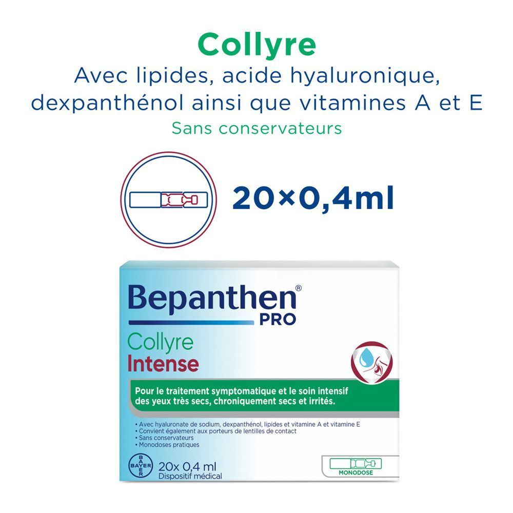 Produktverpackung und Einzeldosis Bepanthen® Pro Augentropfen Intense. Text: 20x0,4ml. Enthält Lipide, Hyaluronsäure, Dexpanthenol und Vitamine.