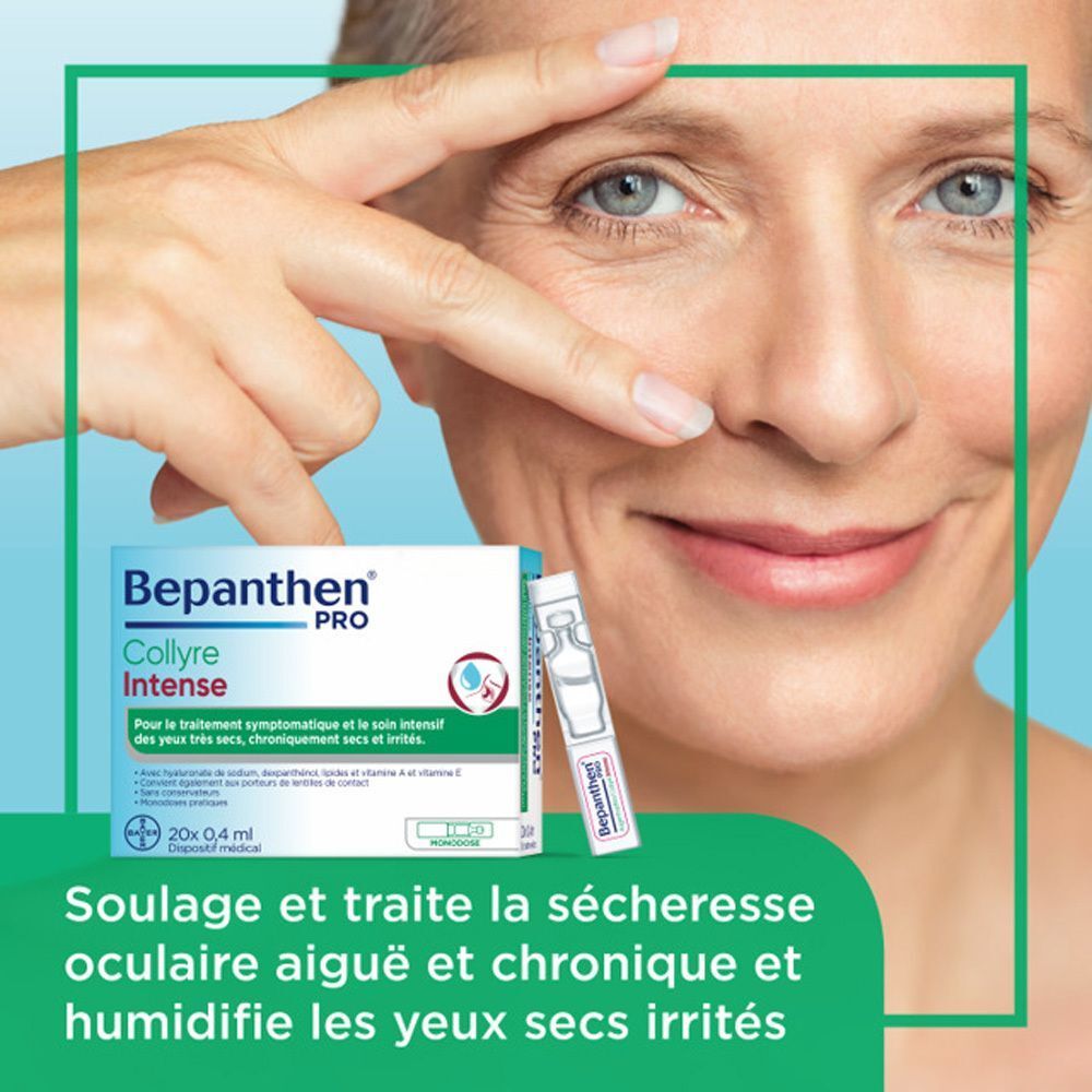 Frau berührt Auge. Verpackung und Einzeldosis Bepanthen® Pro Augentropfen Intense. Text: Lindert trockene Augen. 20x0,4ml.
