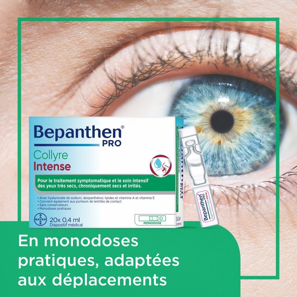 Auge mit Verpackung und Einzeldosis Bepanthen® Pro Augentropfen Intense. Text: Praktische Monodosen für unterwegs.