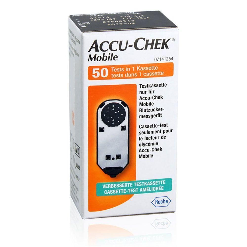 Boîte de test ACCU-CHEK Mobile. Contient 50 tests. Texte en allemand et français. Logo Roche.