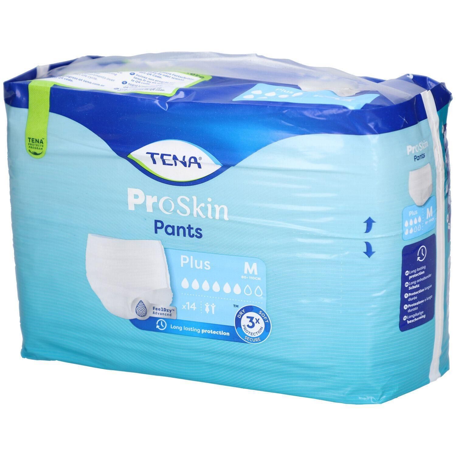 Verpackung von TENA ProSkin Pants Plus M. Hellblaue Folienverpackung mit Produktbezeichnung und Größenangabe. Sichtbar sind Inkontinenzhosen.