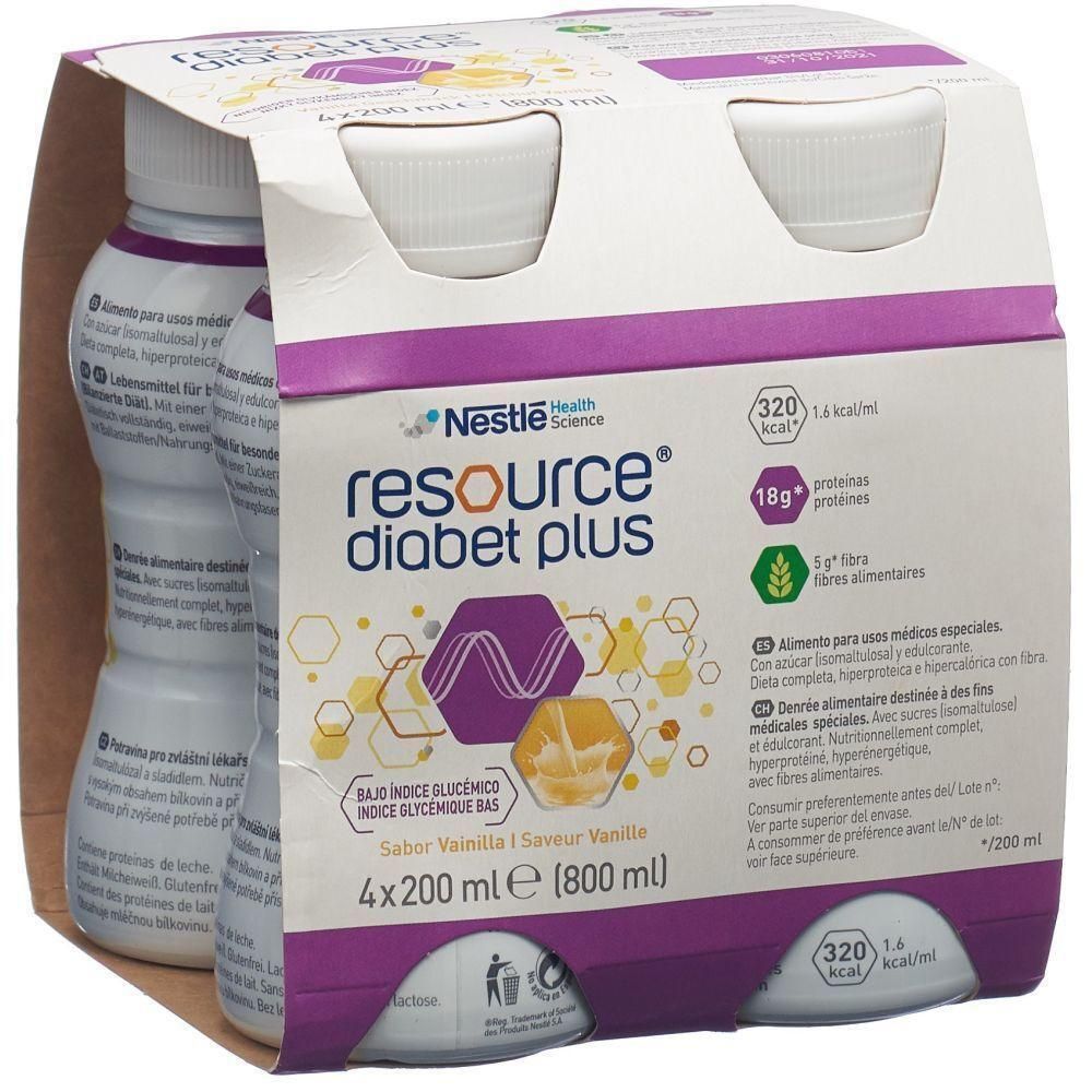 Emballage de quatre bouteilles NESTLE RESOURCE® Diabet Plus Vanille. Inscriptions : marque, nom du produit, informations nutritionnelles, saveur, volume.
