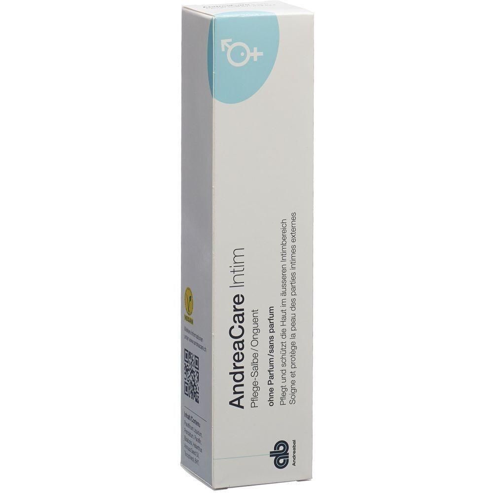Boîte AndreaCare Intim. Inscription: Pflege-Salbe/Onguent, sans parfum. Logo avec symbole homme/femme.