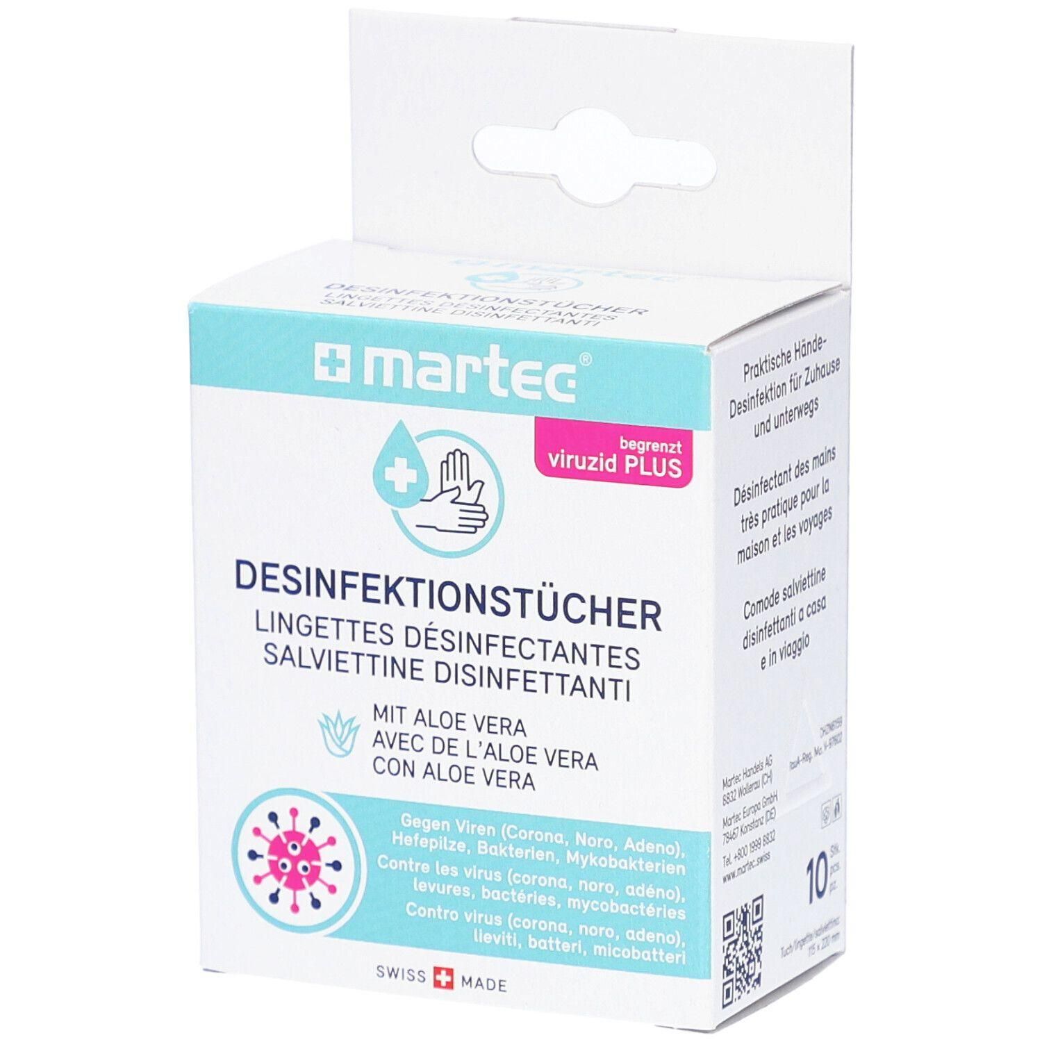 Weiß-türkise Schachtel mit Desinfektionstüchern. Aufdruck: martec, viruzid PLUS, Aloe Vera. Swiss Made. 10 Stück.