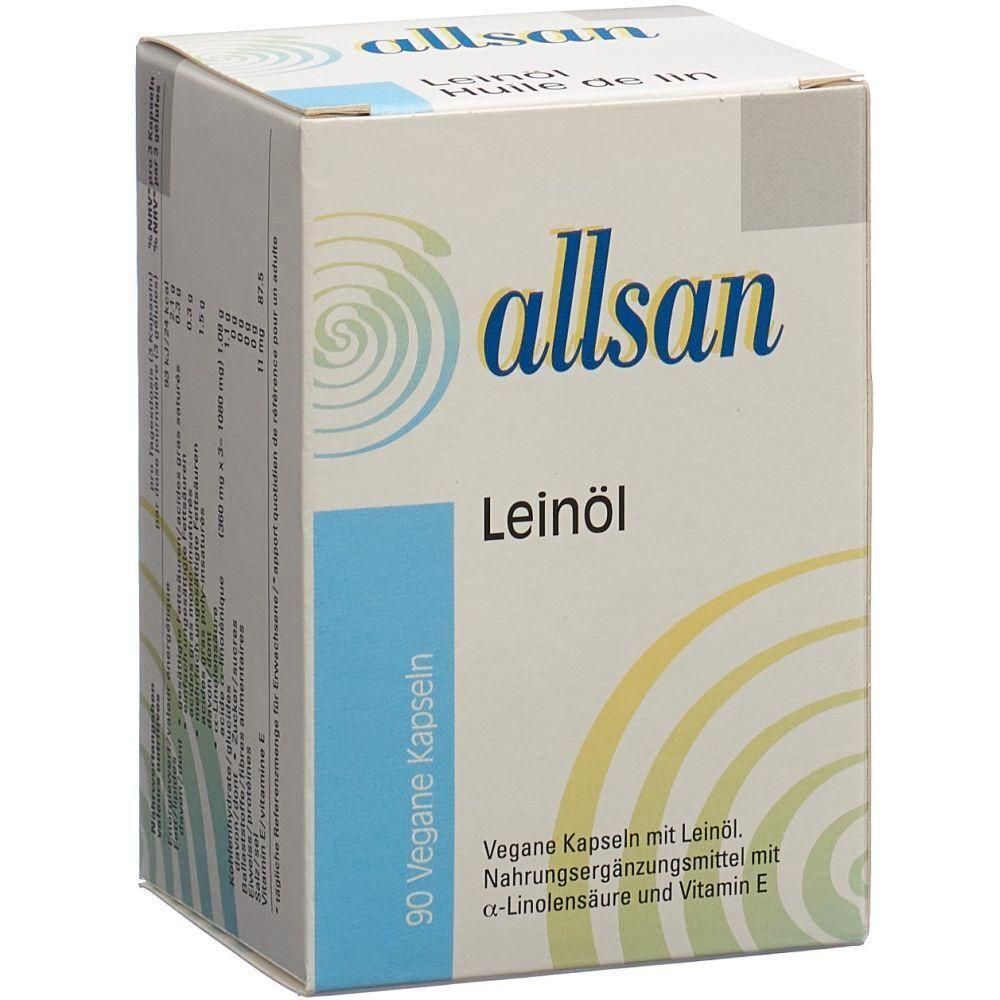 Karton mit dem Logo "allsan" und der Aufschrift "Leinöl". Enthält 90 vegane Kapseln. Text: Nahrungsergänzungsmittel mit α-Linolensäure und Vitamin E.