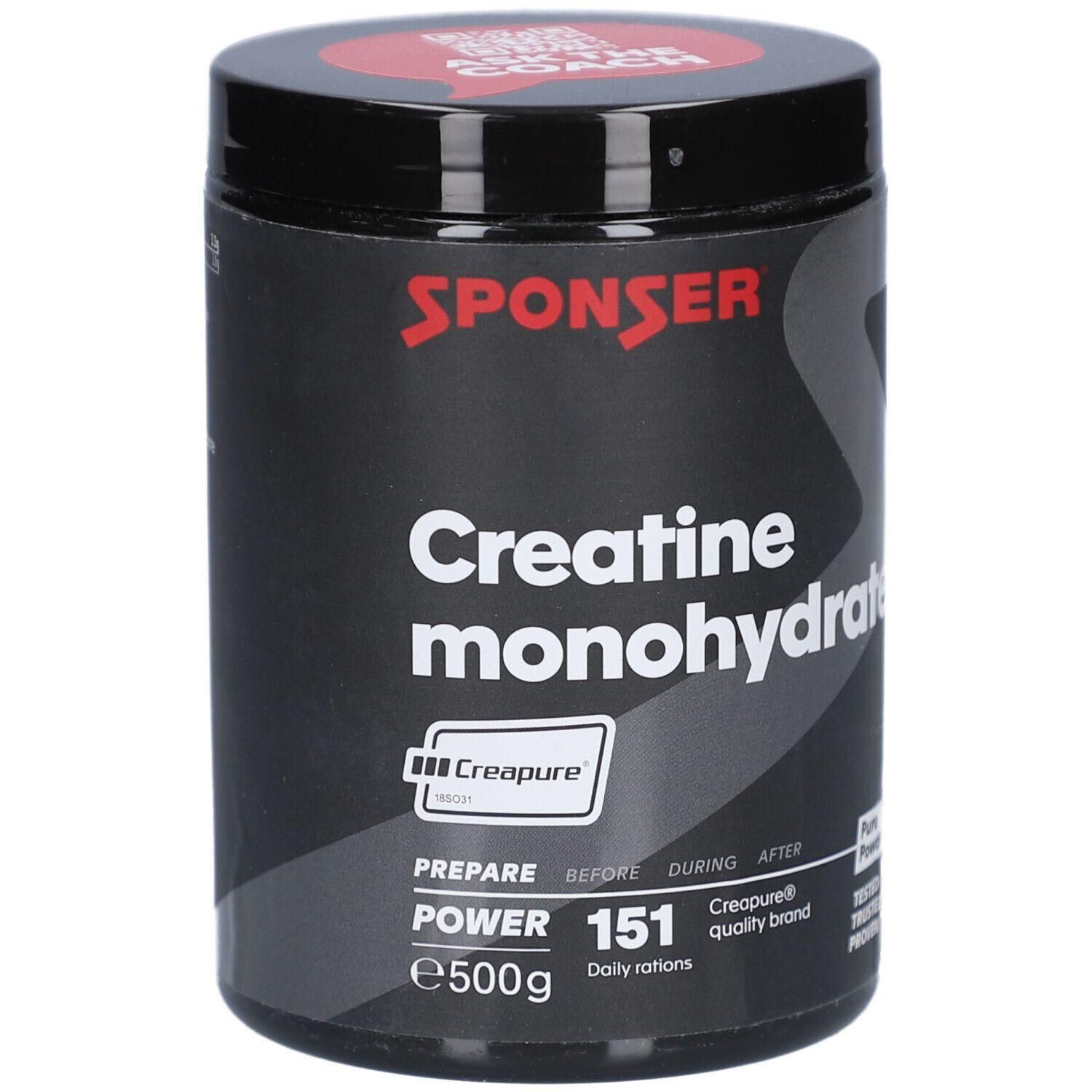 Schwarze Dose mit rotem Deckel. Aufschrift SPONSER, Creatine Monohydrat, Creapure. Inhalt: 500g. Power 151.