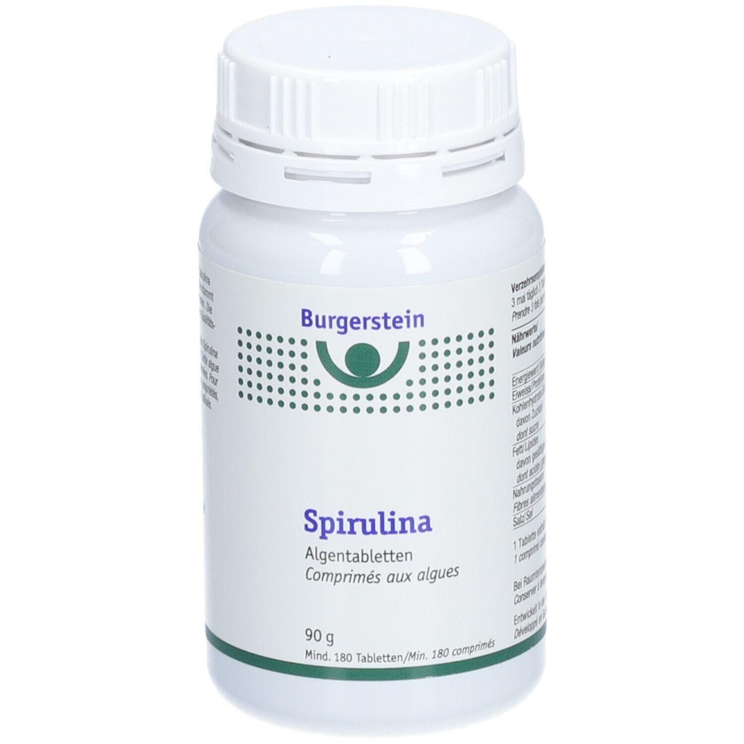 Weiße Kunststoffdose mit Schraubverschluss. Aufschrift: Burgerstein, Spirulina, Algentabletten, 90 g. Mind. 180 Tabletten.
