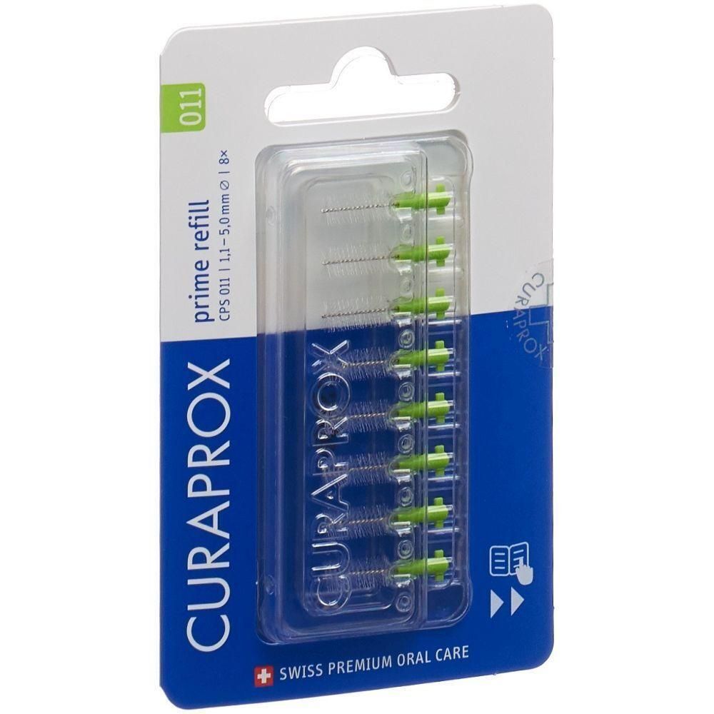 Verpackung mit Interdentalbürstenköpfen. Grüne Bürstenköpfe mit blauen Haltern. Marke: CURAPROX. Text: prime refill, CPS 011.