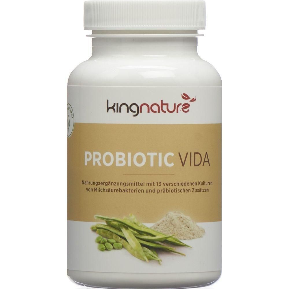 Weißes Pillenbehälter mit Aufschrift PROBIOTIC VIDA und kingnature Logo. Abbildung von Erbsen und Pulver.