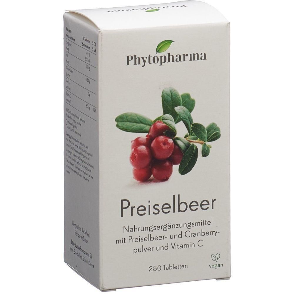 Boîte blanche avec le nom du produit Preiselbeer. Logo Phytopharma. Illustration de canneberges et de feuilles. Texte : Complément alimentaire, 280 comprimés, vegan.