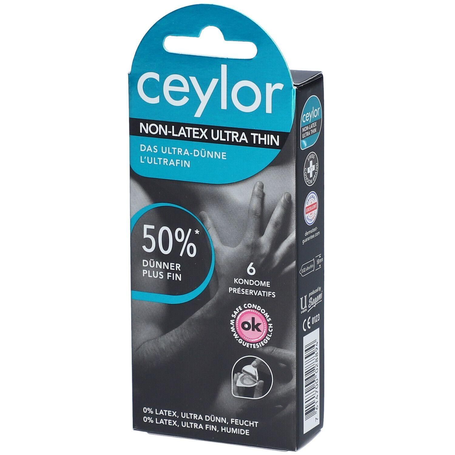 Schachtel mit Kondomen. Aufschrift: ceylor, Non-Latex Ultra Thin, 6 Kondome. 50% dünner. OK-Siegel.