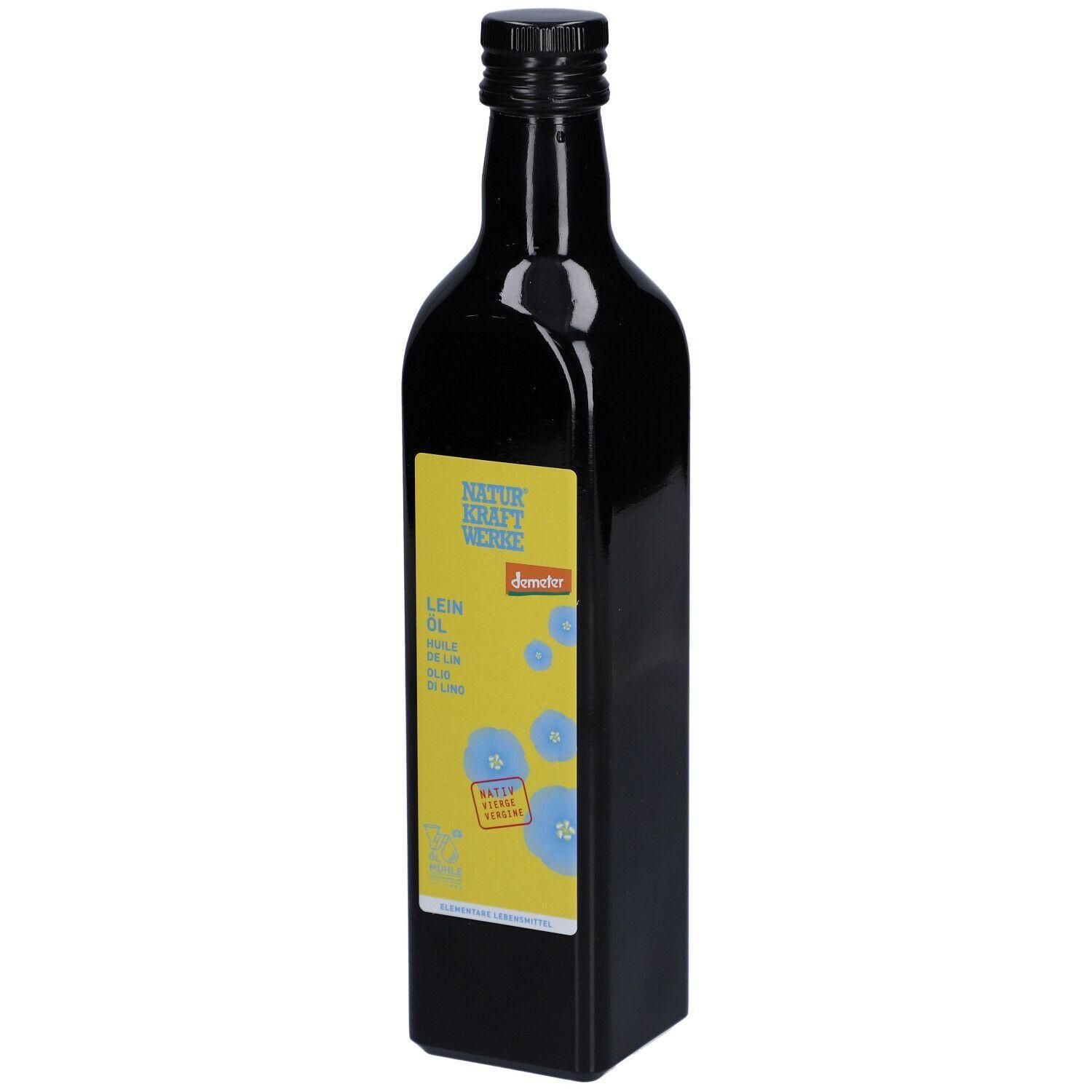 Schwarze Flasche mit gelbem Etikett. Aufschrift: Naturkraftwerke, Lein Öl, Demeter-Siegel. Schwarzer Schraubverschluss.