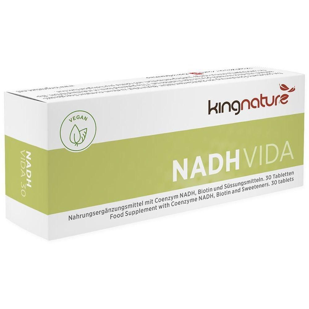 Weiß-grüne Schachtel mit der Aufschrift NADH VIDA. Enthält 30 Tabletten. Vegan-Siegel. Marke: kingnature.