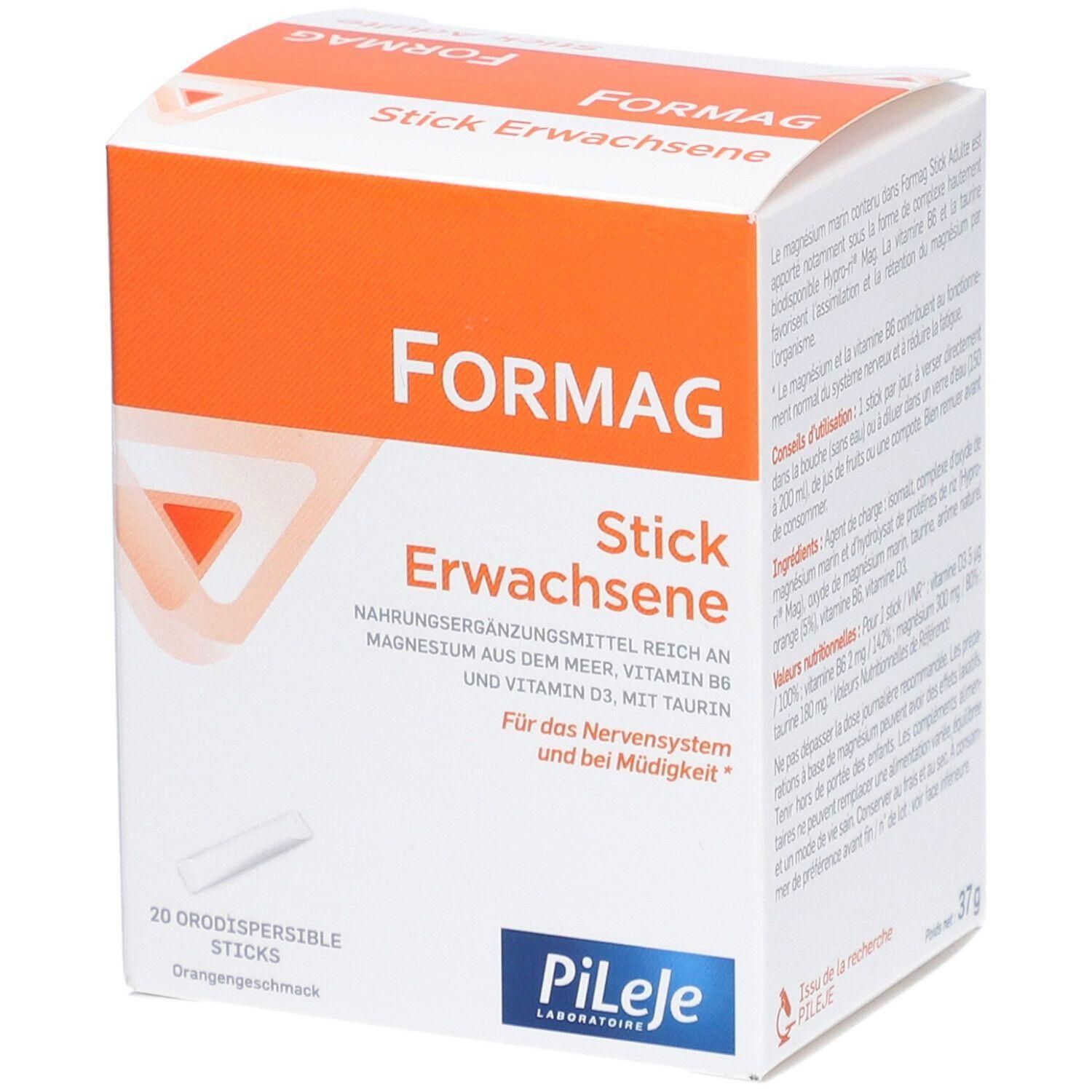 Formag Stick Erwachsene. Karton mit orangefarbenem Akzent. Enthält 20 Sticks. Text: Nahrungsergänzungsmittel, reich an Magnesium, Vitamin B6, Vitamin D3.