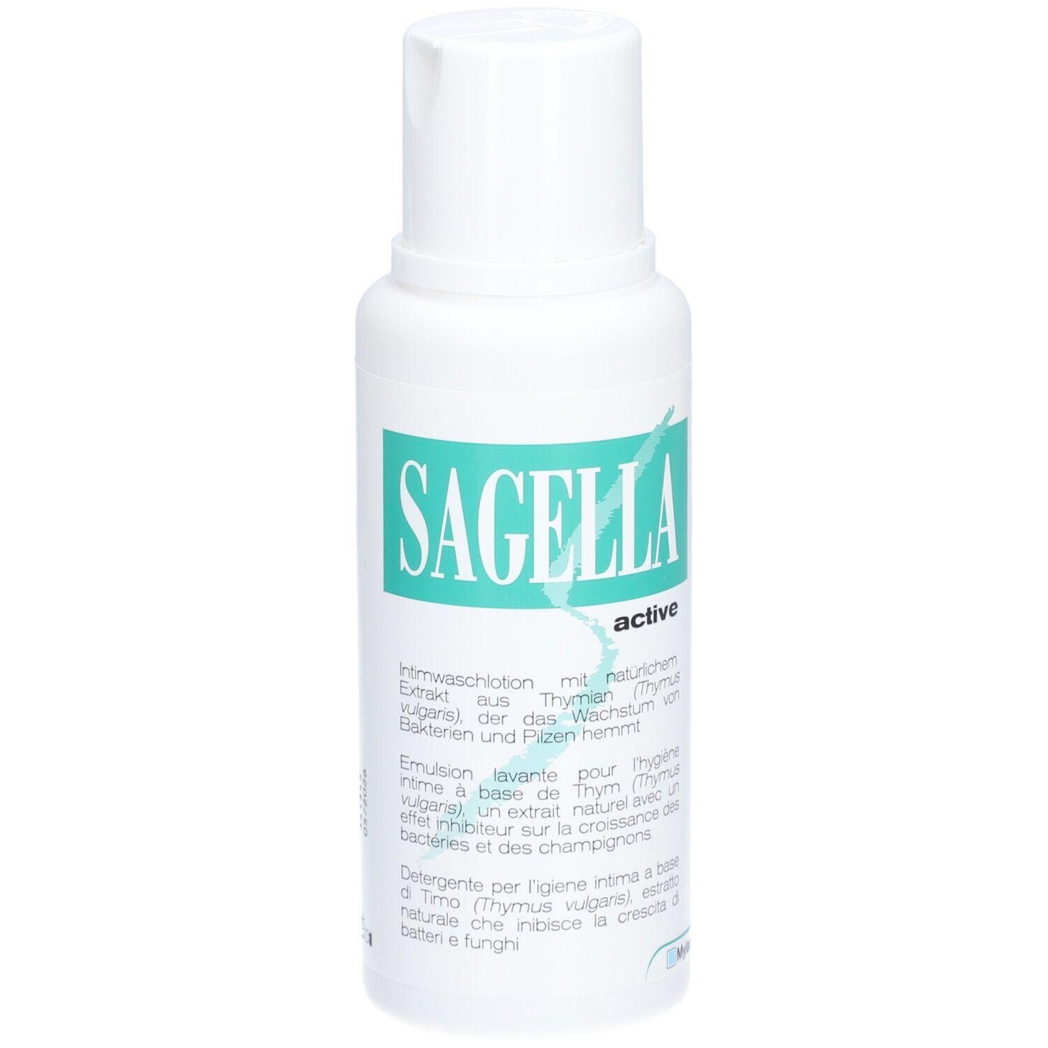 Weiße Flasche mit grünem Etikett. Aufschrift: SAGELLA active. Text in Deutsch, Französisch und Italienisch. Intimwaschlotion.
