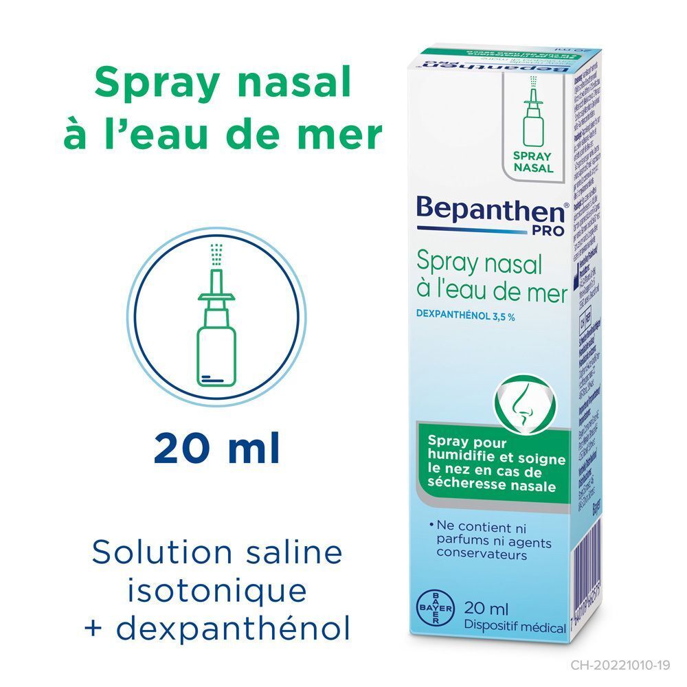 Grafische Darstellung des Nasensprays und der Verpackung. Text: Spray nasal à l'eau de mer, 20 ml, Solution saline isotonique + dexpanthenol.