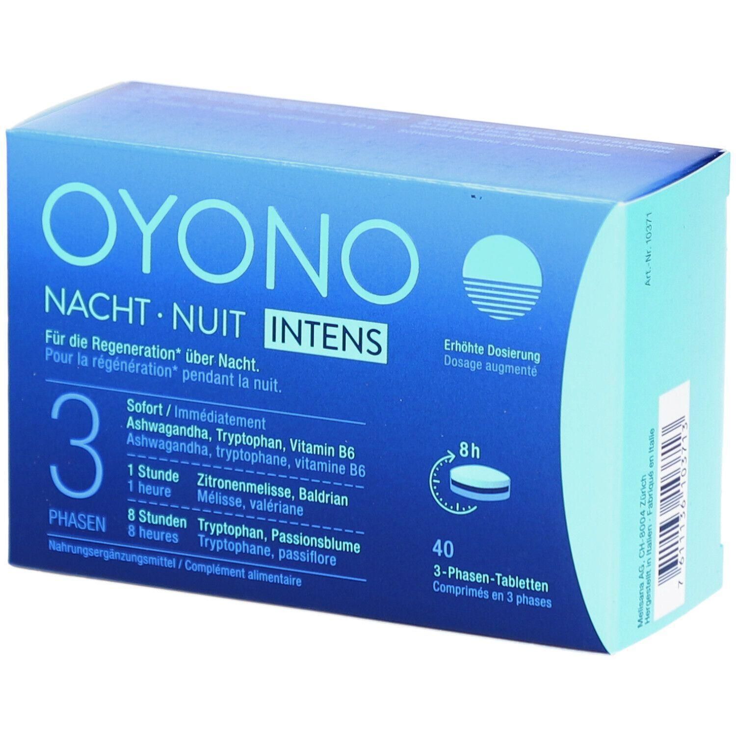 Blau-weiß Schachtel mit Oyono Nacht Nuit Intens. Enthält 40 Tabletten. Aufschrift: 3 Phasen. Zusammensetzung: Ashwagandha, Tryptophan, Vitamin B6.