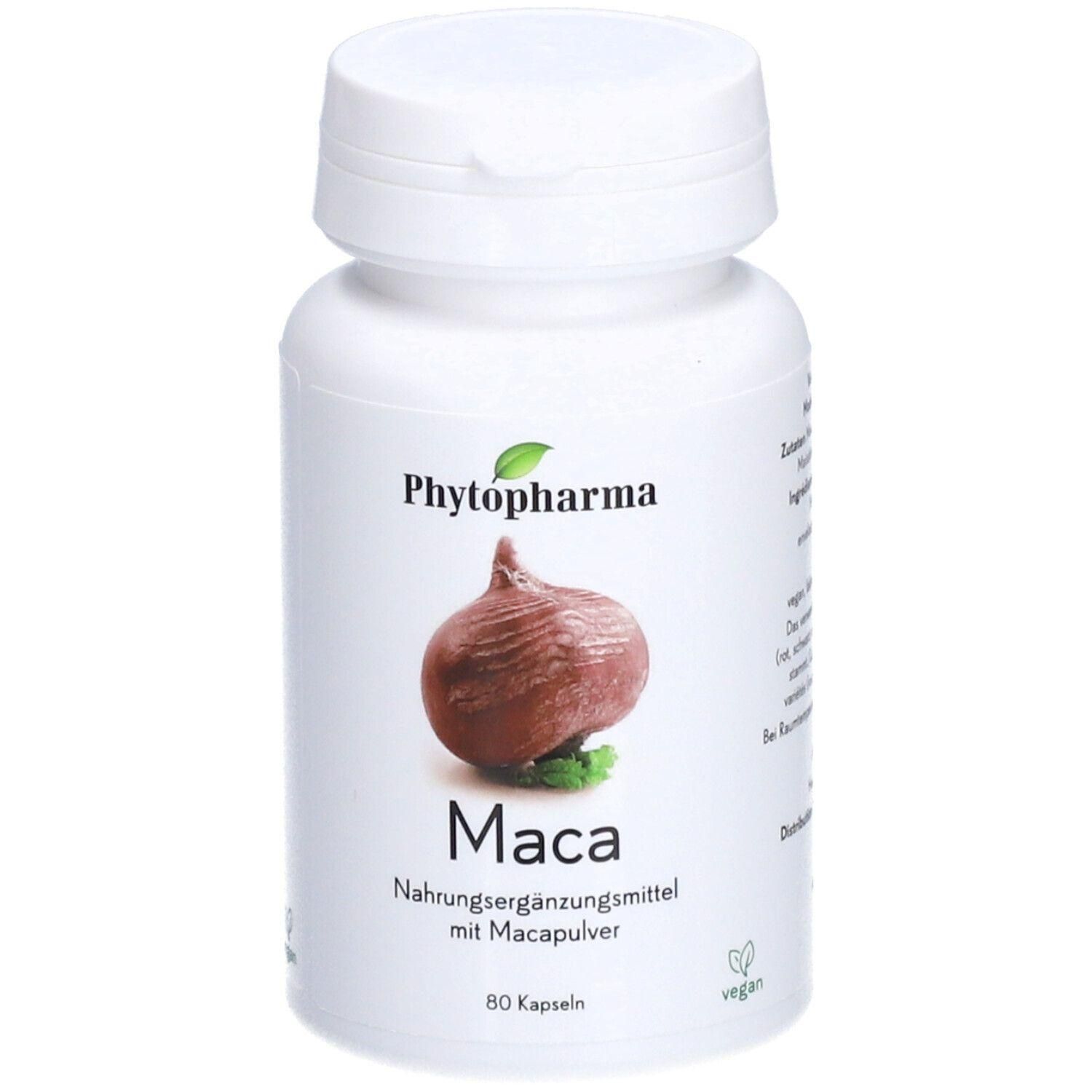 Weiße Flasche mit Schraubverschluss. Aufschrift: Phytopharma, Maca, Nahrungsergänzungsmittel mit Macapulver. 80 Kapseln. Vegan.