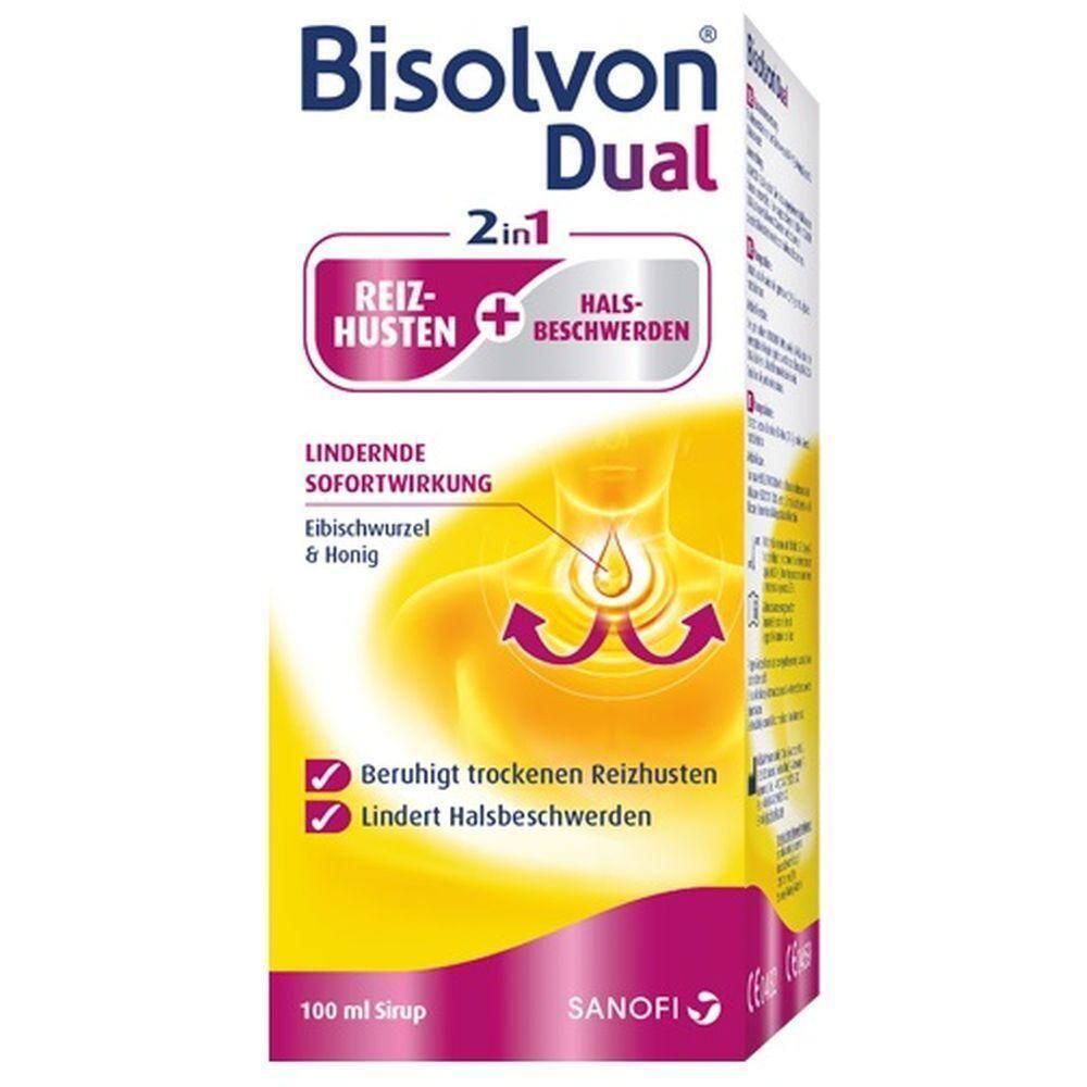 Emballage de sirop Bisolvon Dual. Contient des informations sur la toux et les maux de gorge. Avec logo et nom du produit.