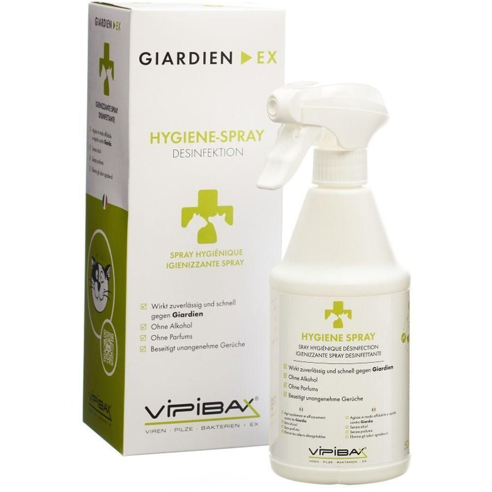 Flacon pulvérisateur blanc et boîte avec texte GIARDIEN EX et HYGIENE-SPRAY. Logo avec croix et animal. Marque VIPIBAX.