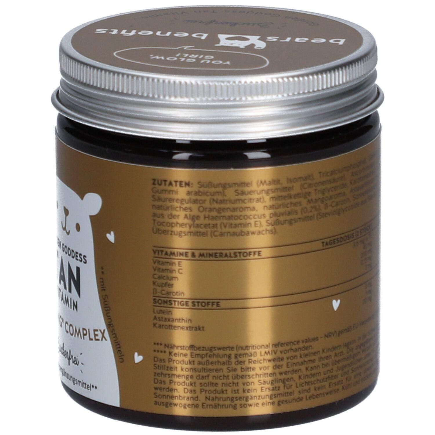 Braune Dose mit silbernem Deckel. Aufschrift: Golden Goddess TAN Vitamin Complex. Enthält Zutaten, Vitamine und Mineralstoffe. Marke: bears with benefits.