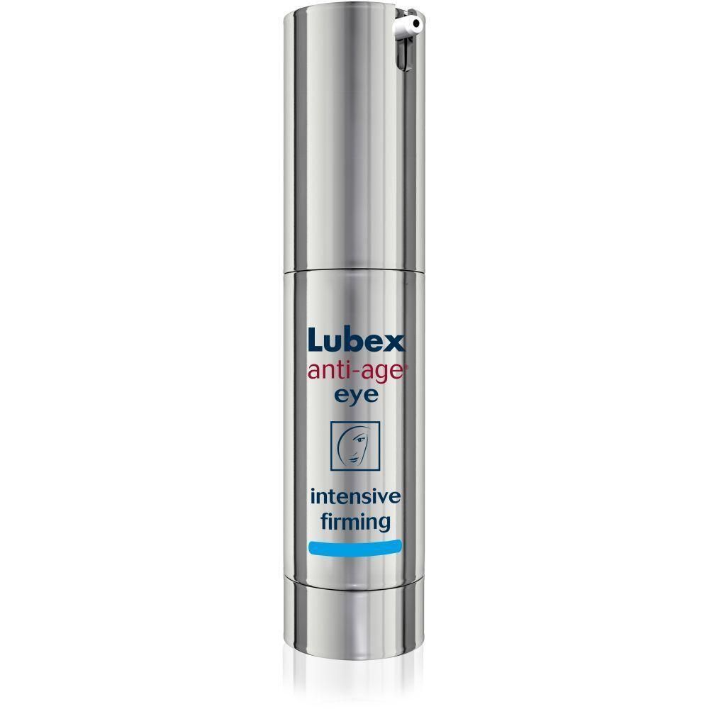 Flacon cylindrique argenté avec pompe doseuse. Inscription: Lubex anti-age eye, intensive firming. Bande bleue en bas.