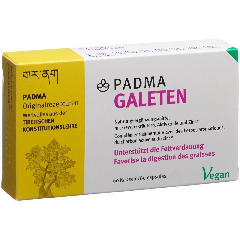 Boîte de gélules PADMA GALETEN. Inscription: Complément alimentaire, 60 gélules, Vegan. Emballage jaune et blanc avec logo et texte.