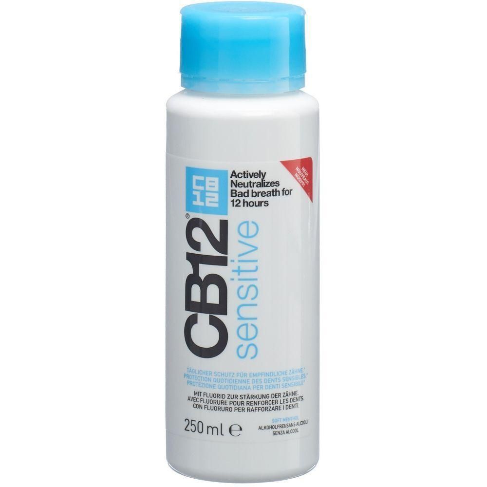 Weiße Flasche mit blauem Deckel. Aufschrift CB12 sensitive. Enthält 250 ml. Wirkt gegen Mundgeruch. Mit Fluorid.