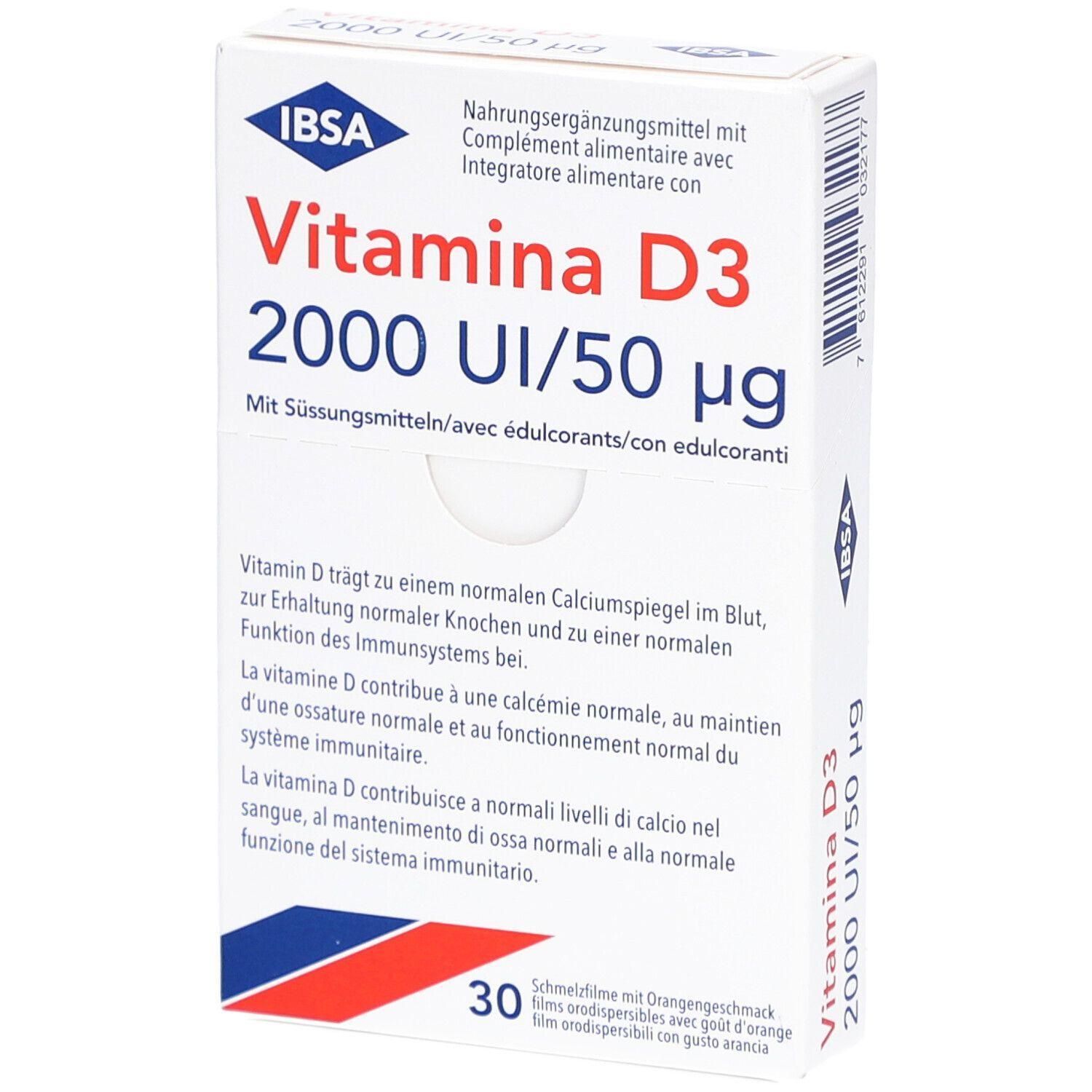 Weiße Schachtel mit IBSA Vitamina D3 2000 UI/50 µg. Enthält 30 Schmelzfilme. Text in Deutsch, Französisch und Italienisch.