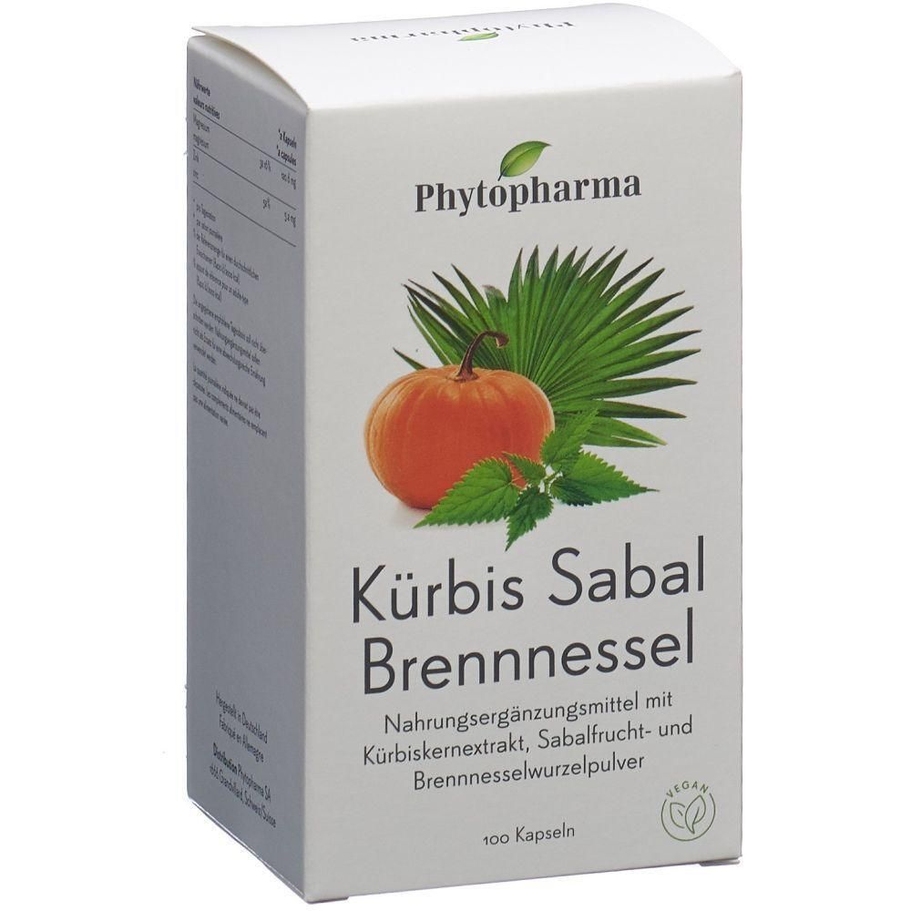 Boîte blanche avec illustration de produit : courge, feuilles. Inscription : Phytopharma, Courge Sabal Ortie. 100 capsules. Label végan.