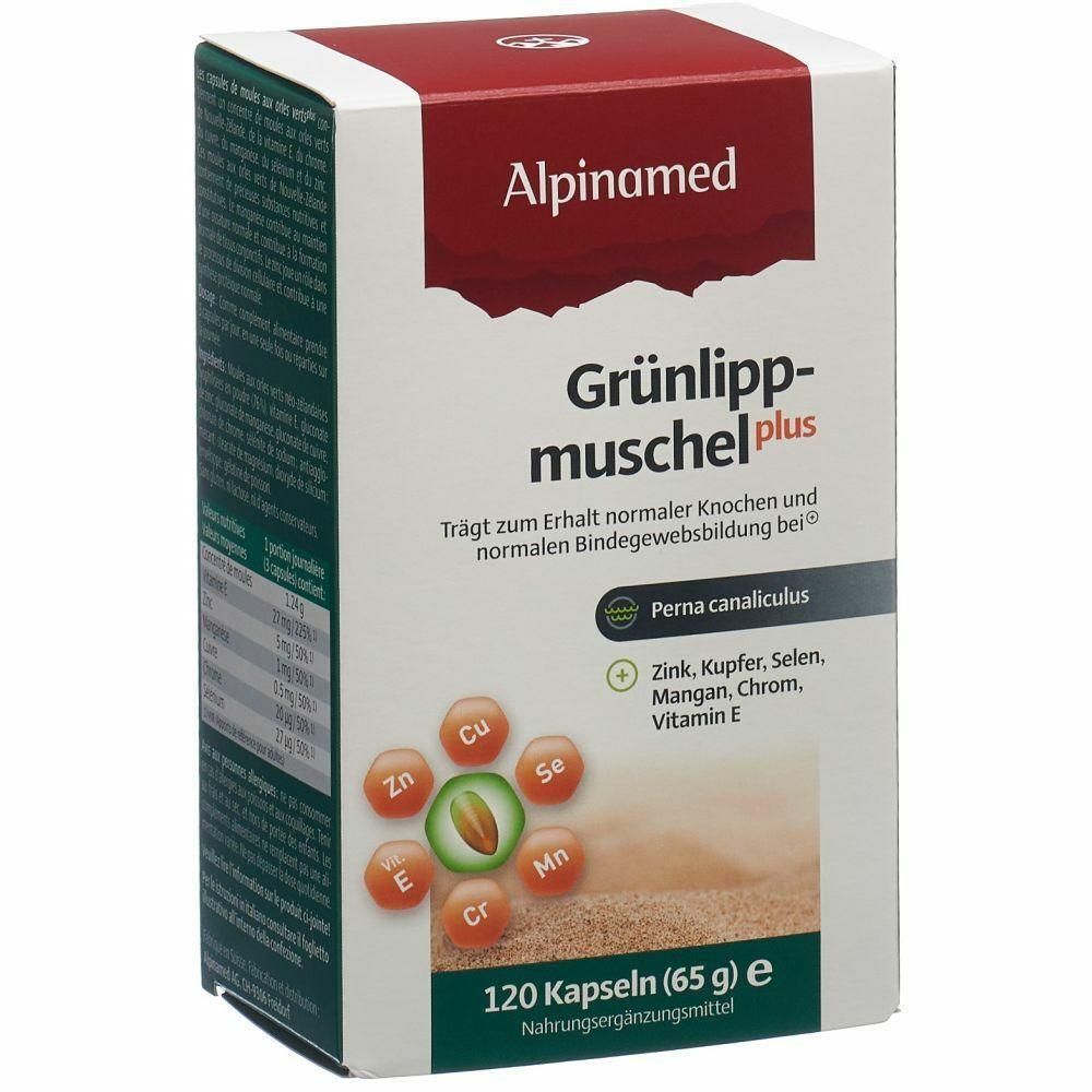 Boîte blanche et rouge avec informations produit. Inscription: Alpinamed Grünlippmuschel plus. 120 capsules. Avec informations nutritionnelles et ingrédients.