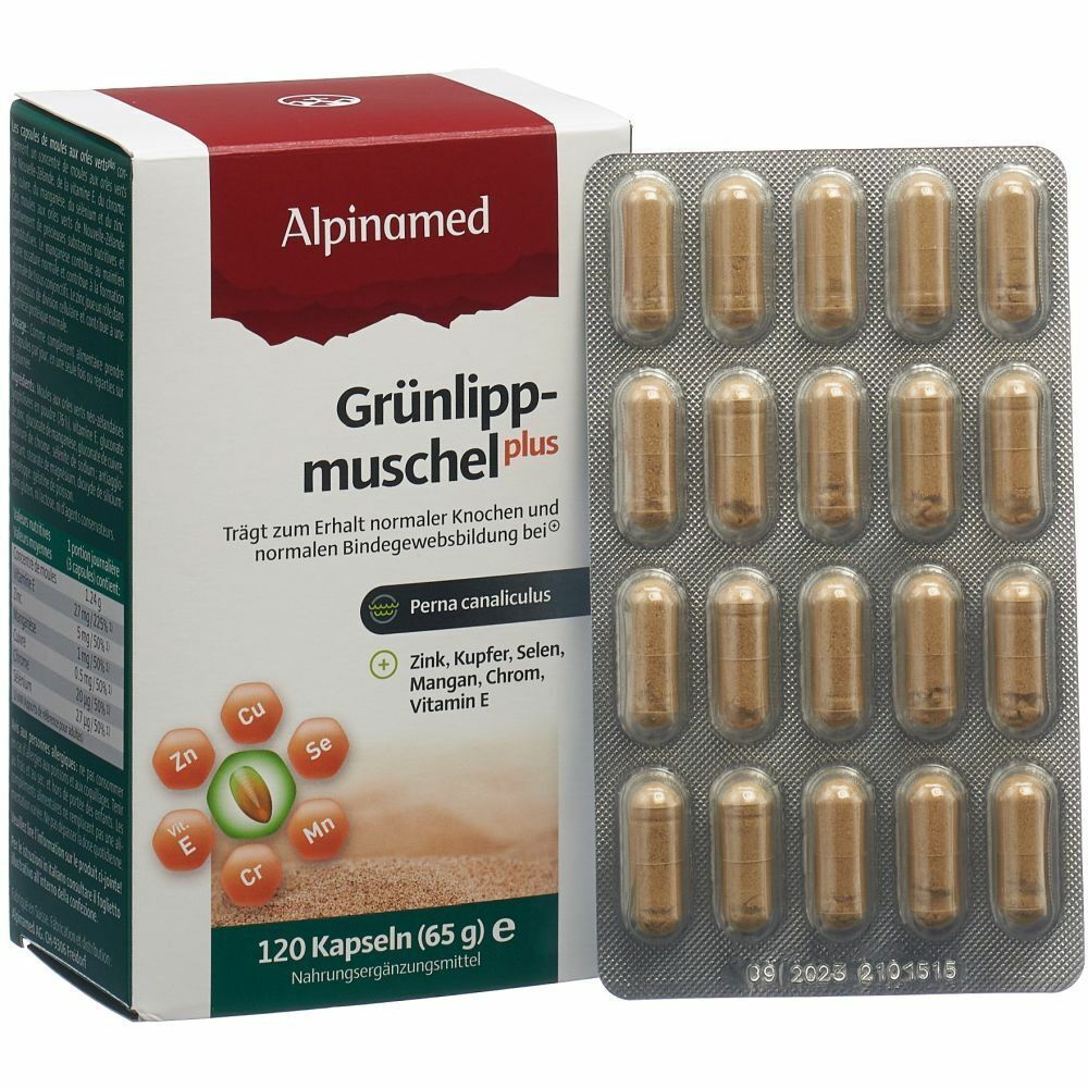 Boîte ouverte avec blister. Inscription: Alpinamed Grünlippmuschel plus. 120 capsules. Capsules en blister.