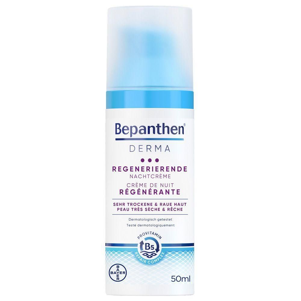 Flacon de crème avec bouchon bleu. Inscription: Bepanthen Derma Crème de nuit régénérante. Pour peaux sèches. 50ml.