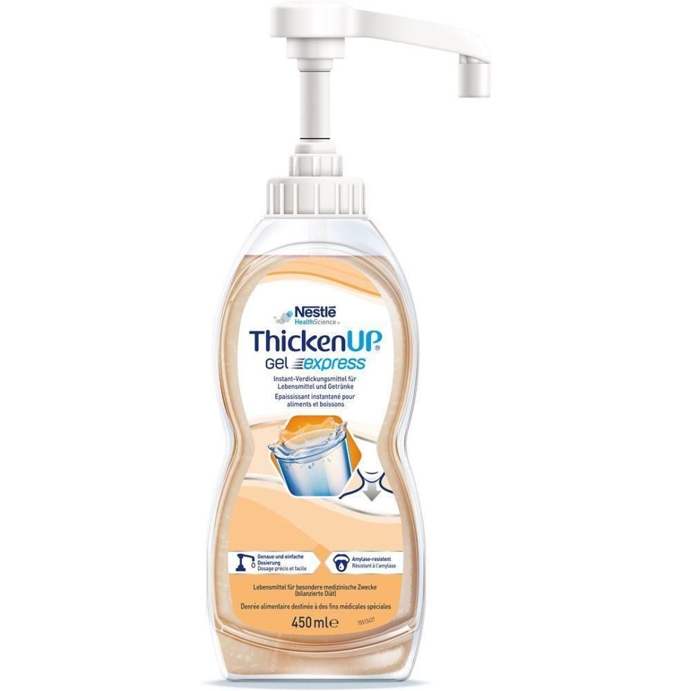 Flacon avec pompe. Inscription: Nestle Health Science ThickenUP Gel express. 450 ml. Illustration d'un récipient et d'un cou.