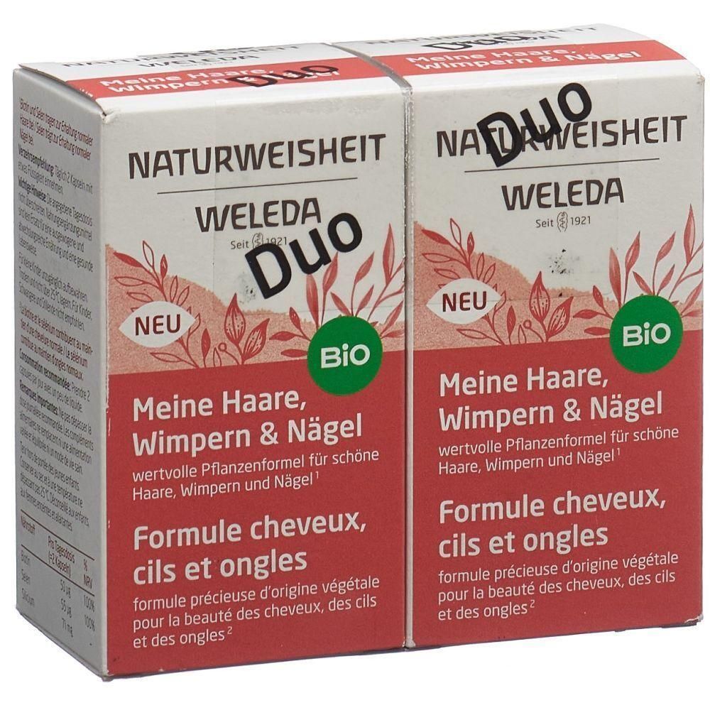 Zwei Kartons mit "Meine Haare, Wimpern & Nägel" von WELEDA. Duo-Packung mit Bio-Siegel und "NEU" Aufkleber. Rote und weiße Verpackung.