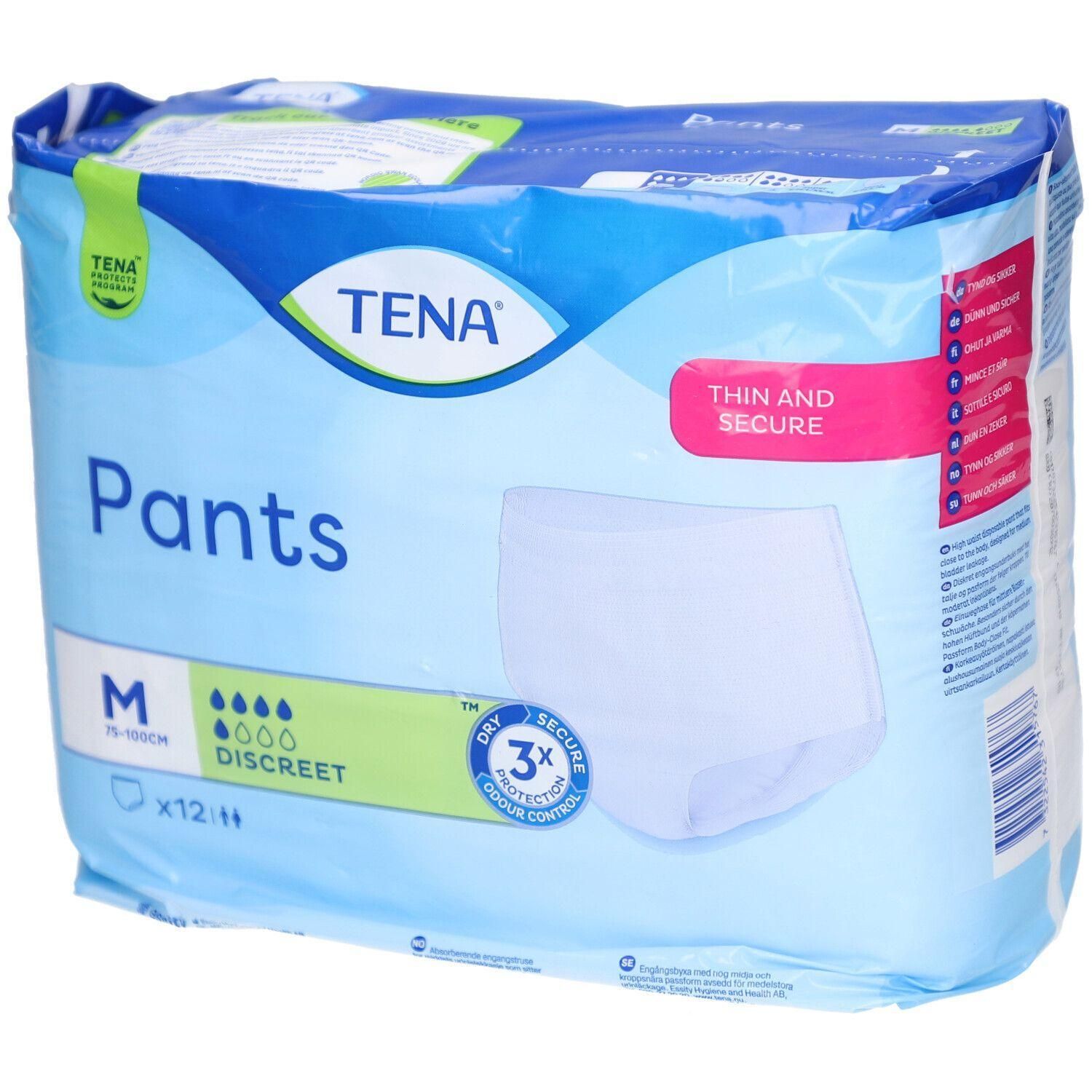 Verpackung von TENA Pants Discreet M. Blaue Verpackung mit Produktabbildung. Enthält 12 Stück. Mit Trockenheits- und Geruchsschutz.
