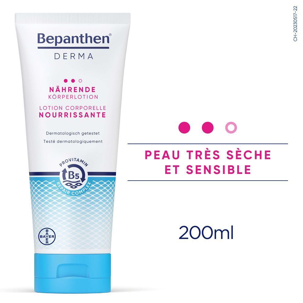 Weiße Tube mit blauer Kappe. Text: Bepanthen Derma, nährende Körperlotion. Für sehr trockene und empfindliche Haut. 200ml.