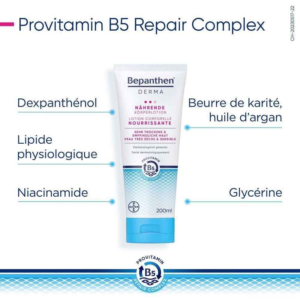 Tube mit Inhaltsstoff-Angaben: Dexpanthenol, Sheabutter, physiologisches Lipid, Arganöl, Niacinamid, Glycerin.