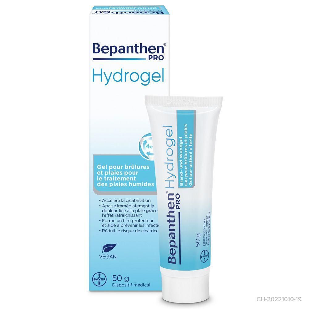 Tube und Schachtel von Bepanthen PRO Hydrogel. Tube mit 50g. Aufschrift: Gel für Verbrennungen und Wunden. Vegan-Siegel.