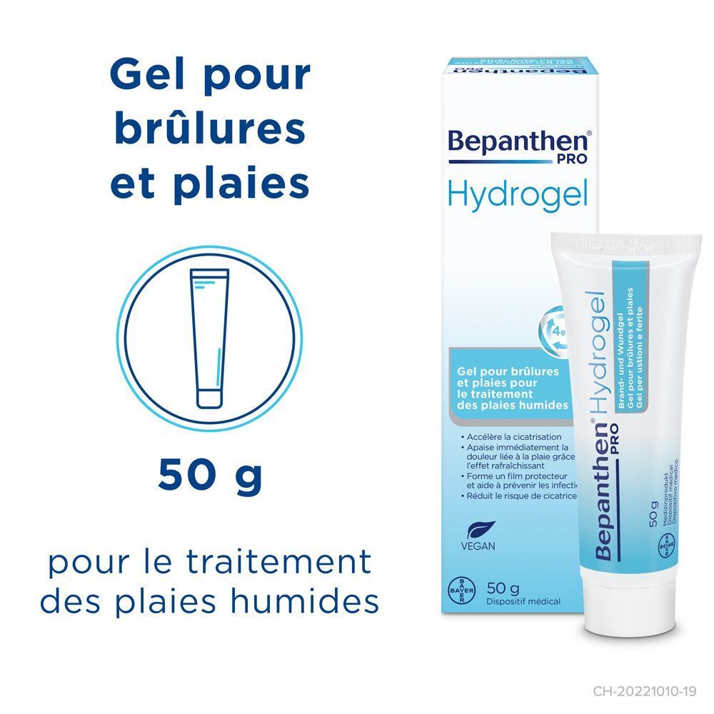 Produktverpackung von Bepanthen PRO Hydrogel. Tube und Schachtel. Text: Gel für Verbrennungen und Wunden. 50g.