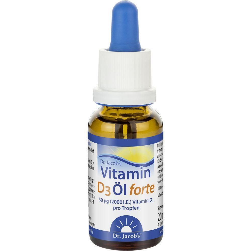 Braune Glasflasche mit blauem Tropfer. Beschriftung: Vitamin D3 Öl forte, 50 µg (2000 I.E.) Vitamin D3 pro Tropfen. Dr. Jacob's Logo.