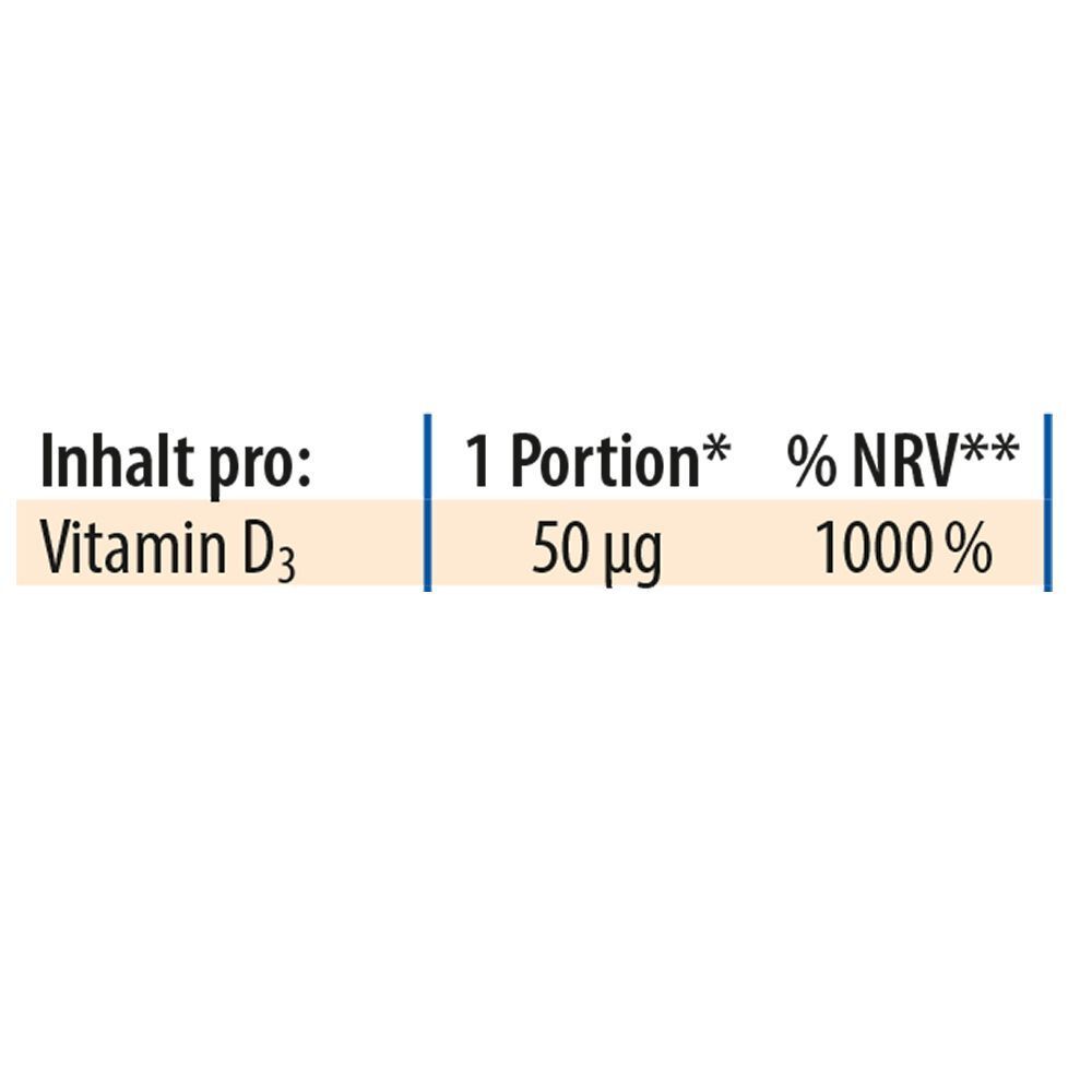 Tabelle mit Nährwertangaben. Pro Portion (50 µg): 1000 % NRV (Nährstoffbezugswert) für Vitamin D3.