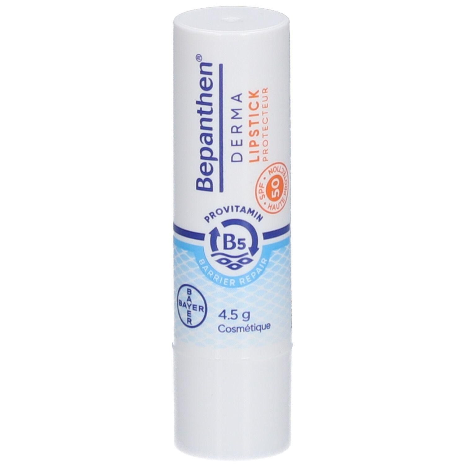 Stick à lèvres Bepanthen Derma blanc avec SPF 50. Contient de la provitamine B5. 4,5 g. Logo Bayer.