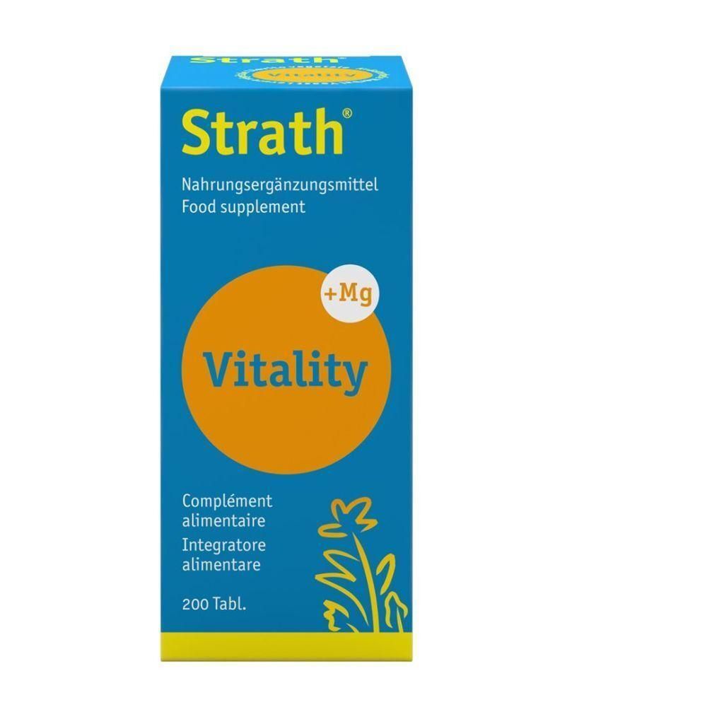 Boîte bleue et jaune Strath Vitality. Complément alimentaire. Texte: Vitality, 200 comprimés. Avec Mg.