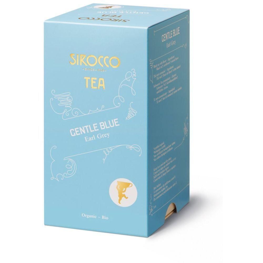 Boîte en carton bleu clair avec logo SIROCCO TEA. Inscription : Gentle Blue Earl Grey. Illustration d'une tasse jaune.