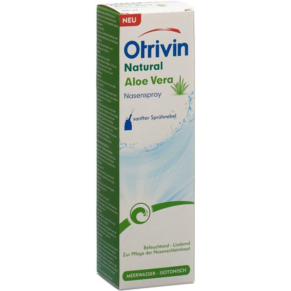 Emballage de spray nasal. En haut, "NEU". Nom du produit : Otrivin Natural Aloe Vera Nasenspray. Texte : sanfter Sprühnebel, Meerwasser isotonisch.
