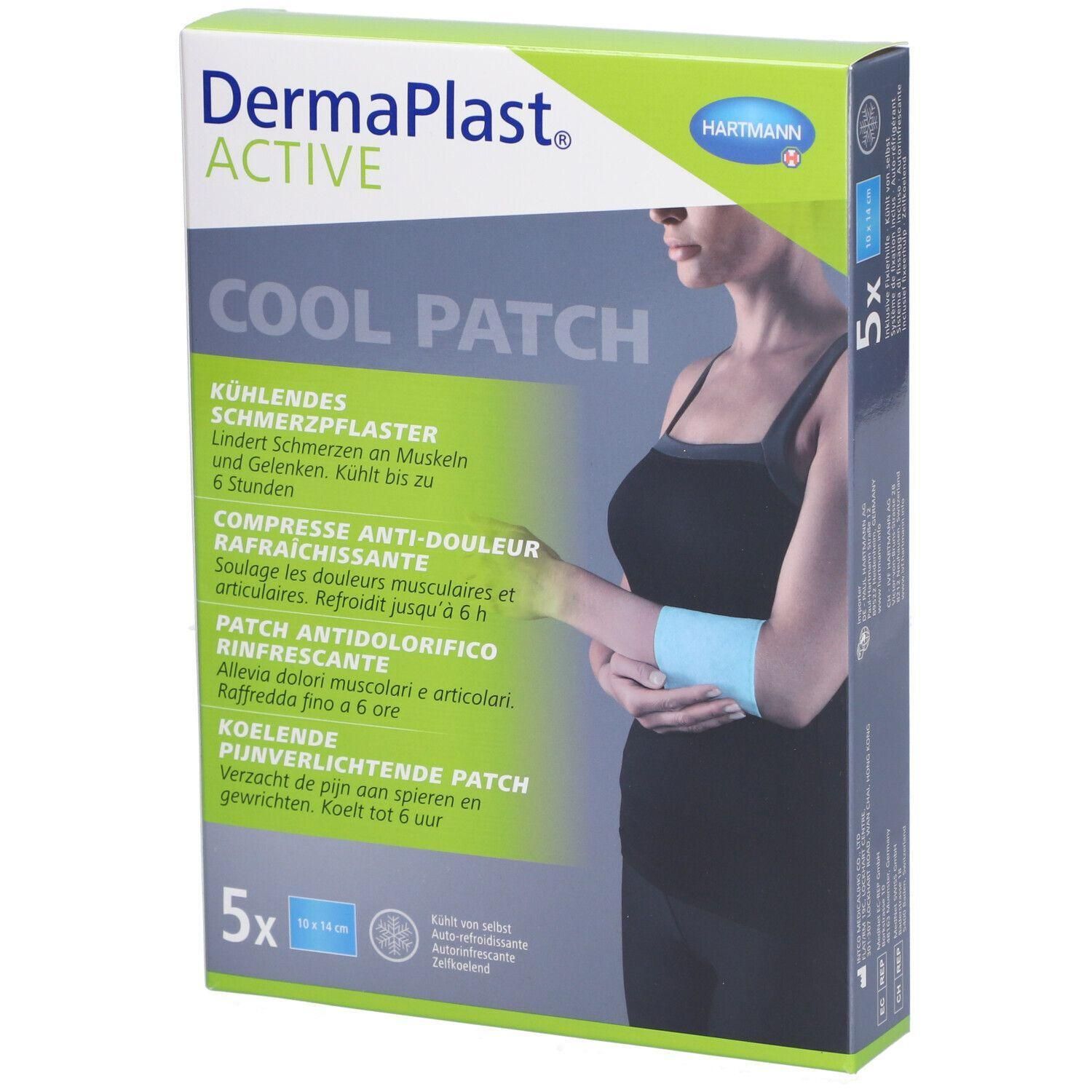 Boîte de Dermaplast Active Cool Patch. Contient 5 patchs. Une femme avec un patch sur le bras est visible. Texte: Compresse anti-douleur rafraîchissante.