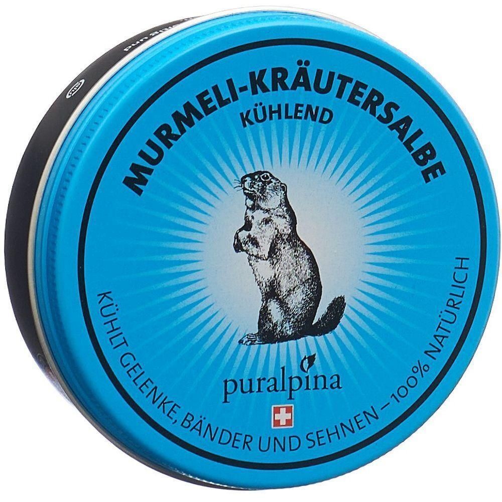 Runde Dose mit blauem Deckel. Aufschrift: Murmeli-Kräutersalbe, Murmeltier-Illustration. Marke: puralpina. Schweizer Kreuz.