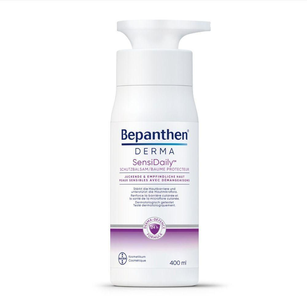 Weiße Flasche mit Spender. Aufschrift: Bepanthen DERMA SensiDaily. Text: Schutzbalsam, für juckende & empfindliche Haut. 400 ml.